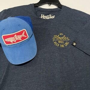 Howler Bros Shirt T-Shirt Men's L Blue Fly Fish Geometric Monkey T Shirt W/Hat